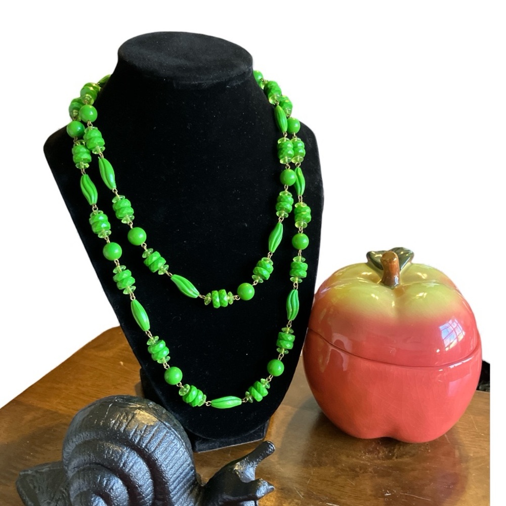 Vintage Grass Green Multishape Sculpted Plastic Bead Necklace 36”